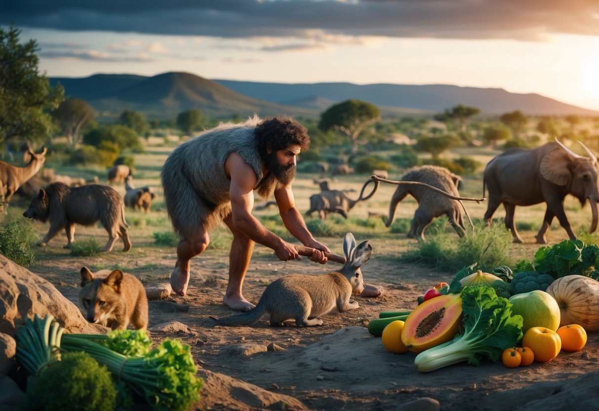 Eine prähistorische Landschaft mit wilden Tieren, Früchten und Gemüse, und einem Höhlenmenschen, der Nahrung jagt oder sammelt.