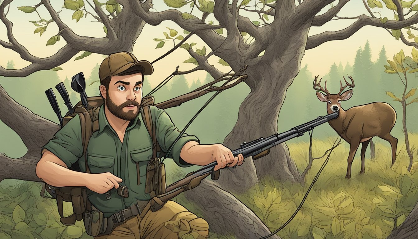 A hunter tangled in a tree, with a comical expression, while a startled deer watches from a safe distance