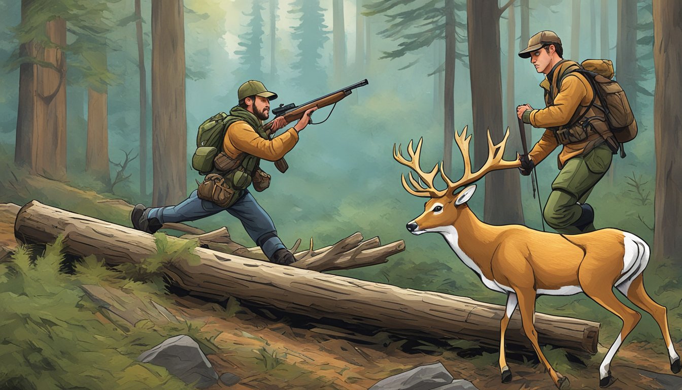 A hunter trips over a fallen log, sending his gear flying as a startled deer looks on