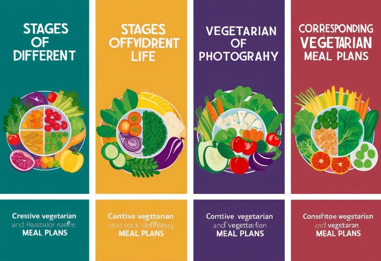 Eine Reihe von bunten und lebhaften Illustrationen, die verschiedene Lebensphasen und entsprechende vegetarische Essenspläne zeigen.