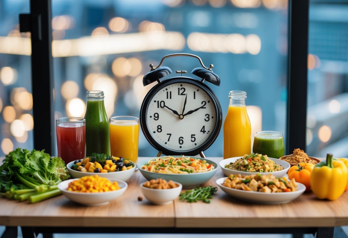 Ein Tisch, der mit verschiedenen Arten von Essen und Trinken gefüllt ist, mit einer Uhr, die verschiedene Tageszeiten anzeigt, was intermittierendes Fasten symbolisiert.