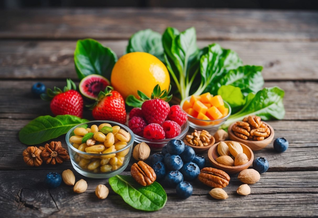 Eine bunte Auswahl an Superfoods, wie Beeren, Nüssen und Blattgemüse, auf einem rustikalen Holztisch angeordnet.