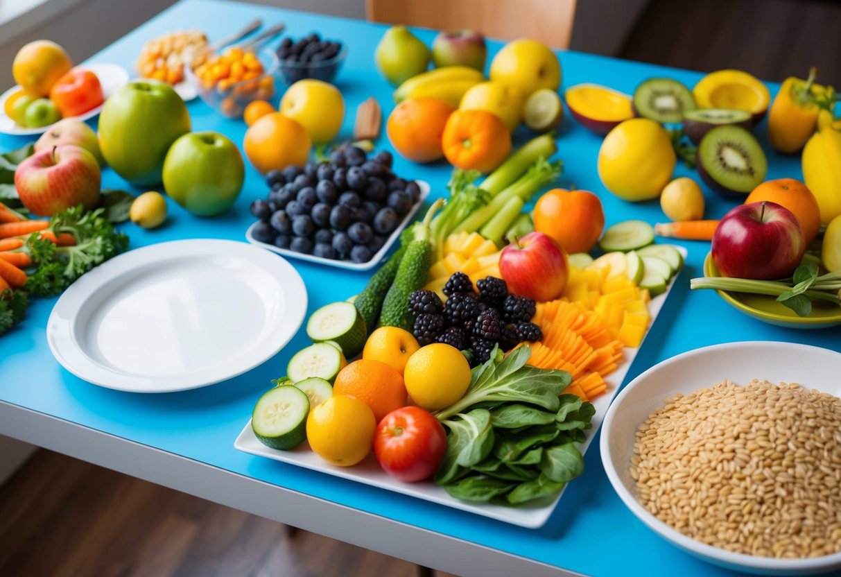 Ein buntes Arrangement aus Früchten, Gemüse und Vollkornprodukten, die auf einem Tisch angerichtet sind, mit einem kindgerechten Teller und Besteck in der Nähe.