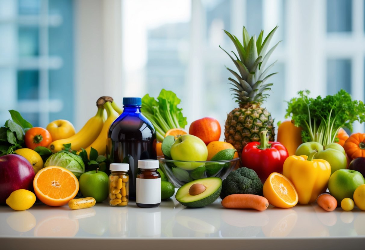 Eine Vielzahl von bunten Früchten, Gemüse und Vitaminen, die auf einem Tisch angeordnet sind, mit einer Flasche Nahrungsergänzungsmittel daneben.