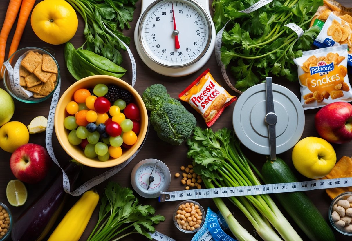 Ein Tisch mit verschiedenen Lebensmitteln, einschließlich Obst, Gemüse und verarbeiteten Snacks, umgeben von Maßbändern und Gewichtsskalen.