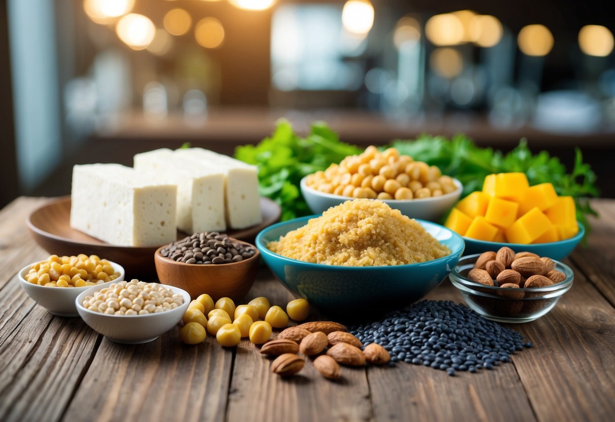 Eine Vielzahl von veganen Proteinquellen auf einem Holztisch: Tofu, Kichererbsen, Quinoa, Linsen und Nüsse