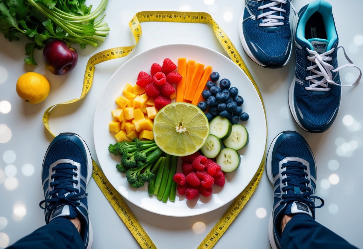 Ein ausgewogener Teller mit Obst, Gemüse und magerem Eiweiß, umgeben von einem Maßband und einem Paar Laufschuhe.