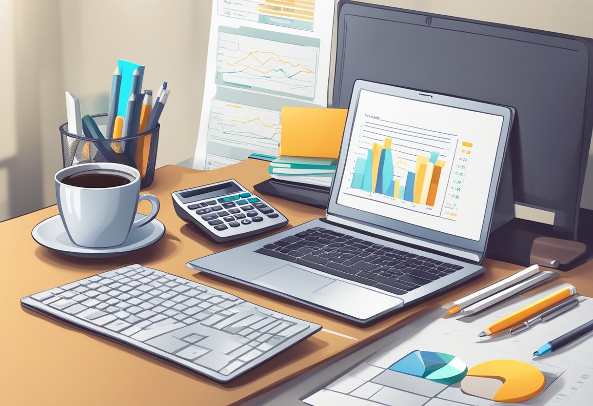 A desk with a laptop, calculator, notepad, and pen. A cup of coffee sits nearby. The calculator screen displays a calculated freelance hourly rate