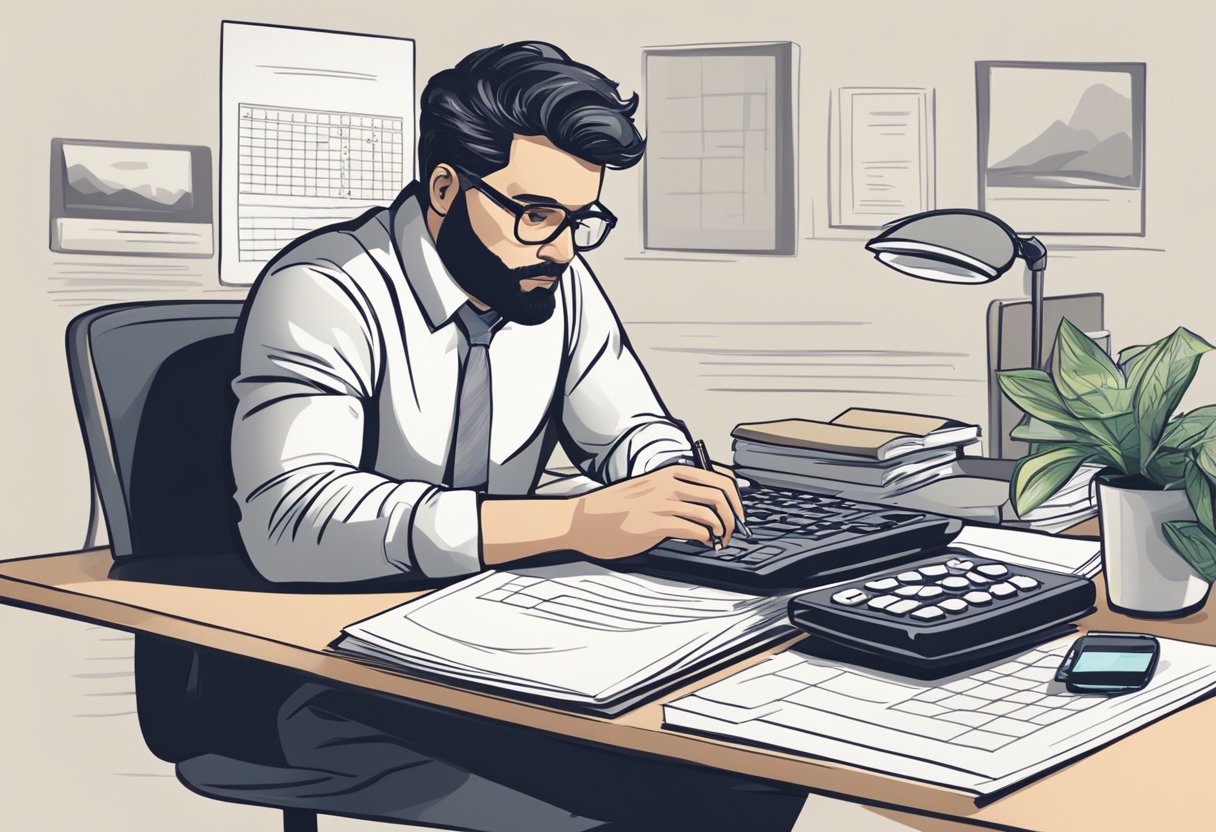 A freelancer sitting at a desk, surrounded by a calculator, laptop, and papers, carefully adjusting their hourly rate with a focused expression