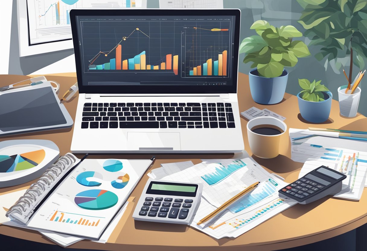 A desk with a laptop, calculator, and notepad surrounded by charts and graphs. A confident freelancer calculating their competitive hourly rate