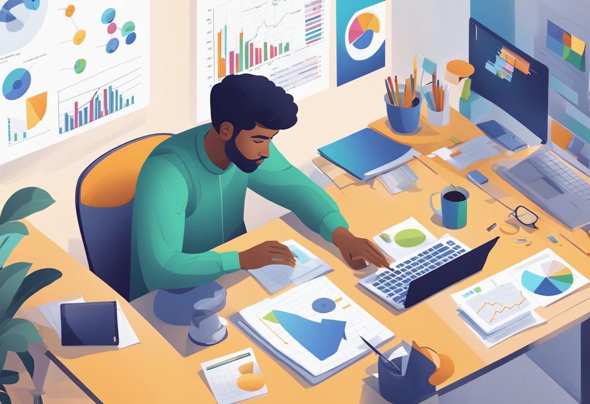 A freelancer sits at a desk, surrounded by charts and graphs. They are using a calculator to determine their competitive hourly rate