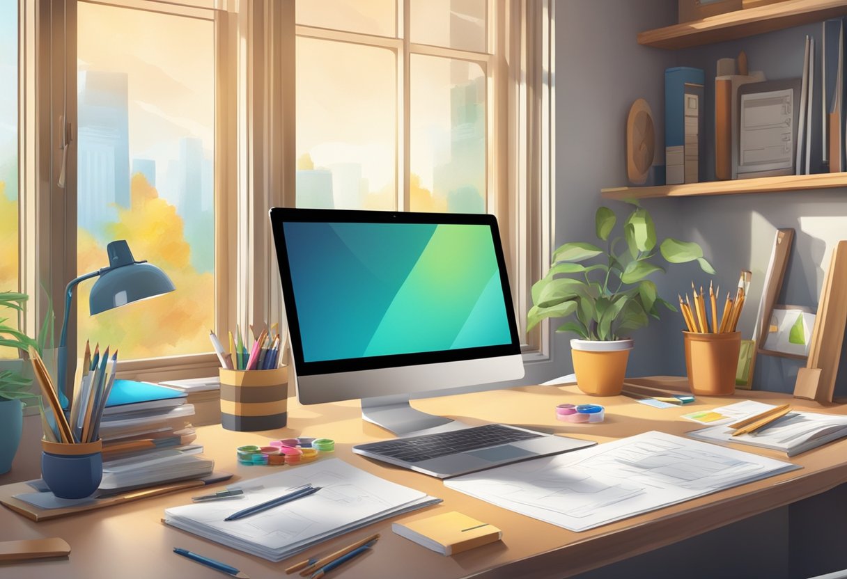 A desk with a laptop, calculator, and papers, surrounded by creative tools like pencils and paintbrushes. A window with natural light illuminates the workspace
