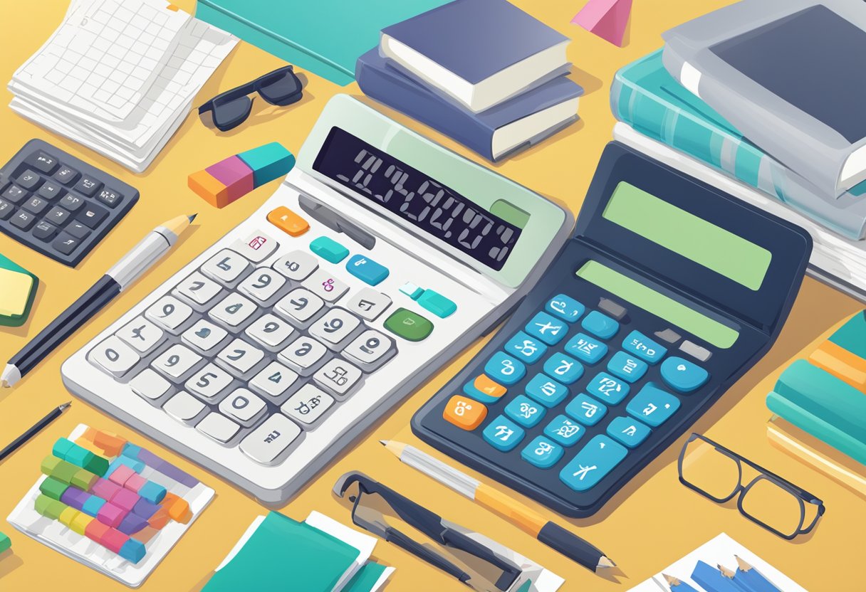 A calculator with a "Frequently Asked Questions" section open, surrounded by office supplies and a laptop