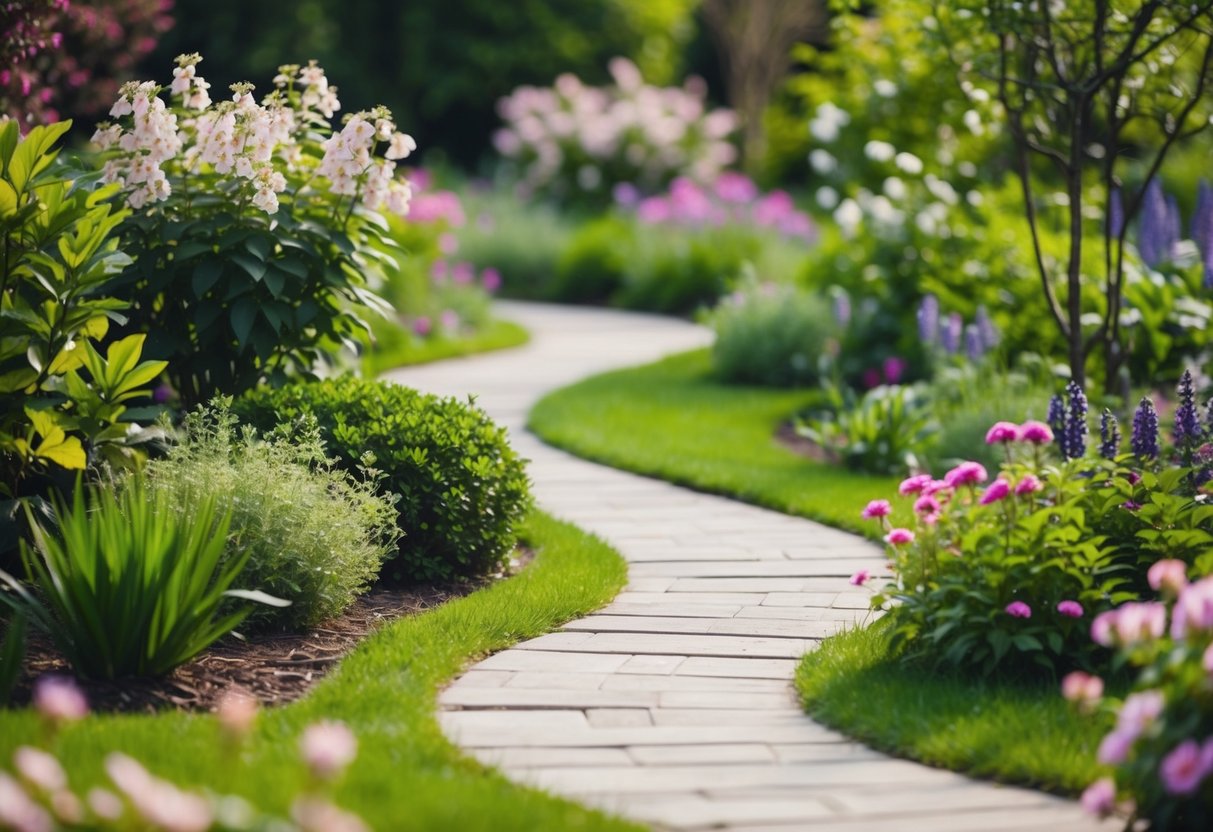 Ein friedlicher Garten mit einem gewundenen Weg, umgeben von blühenden Blumen und üppigem Grün, mit einem sanften Bach, der hindurchfließt.