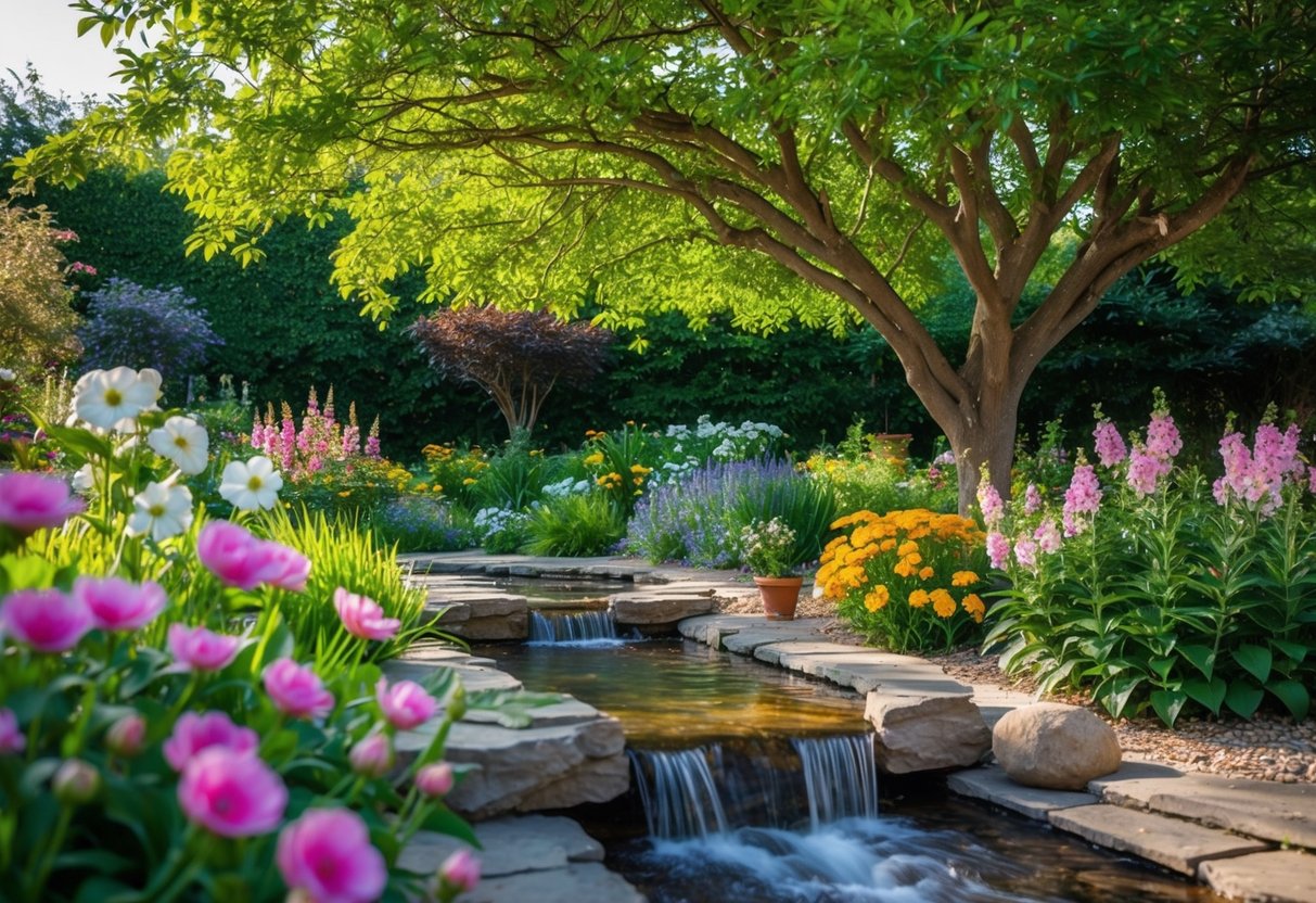 Ein friedlicher Garten mit blühenden Blumen, einem fließenden Bach und einem ruhigen Meditationsbereich unter einem schattigen Baum.