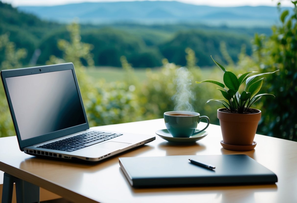 Ein friedlicher Schreibtisch mit einem Laptop, einer Topfpflanze und einer Tasse Tee, umgeben von einer ruhigen Naturlandschaft