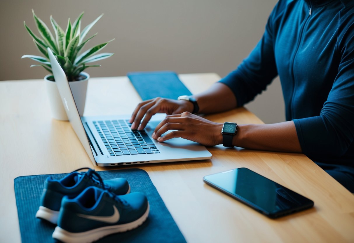 Eine Person, die an einem Schreibtisch mit einem Laptop und einer Pflanze arbeitet, während sie auch eine Yogamatte und Laufschuhe in der Nähe hat.