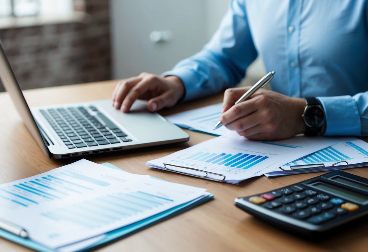 Eine Person sitzt an einem Schreibtisch mit einem Laptop, einem Taschenrechner und finanziellen Dokumenten, während sie Notizen in ein Notizbuch macht.