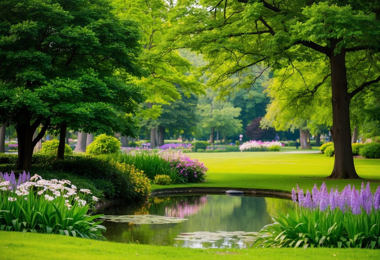 Ein ruhiger Park mit üppigem Grün, blühenden Blumen und einem friedlichen Teich, der ein Gefühl von Ruhe und Wohlbefinden hervorruft.