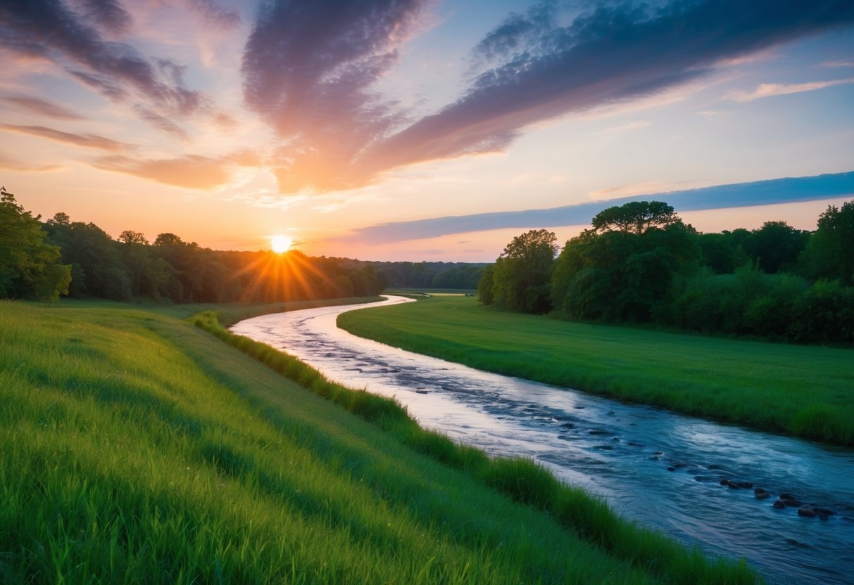 Eine friedliche Landschaft mit einem lebhaften Sonnenaufgang, üppigem Grün und einem ruhigen Fluss, der hindurchfließt, und ein Gefühl von Ruhe und Wohlbefinden hervorruft.