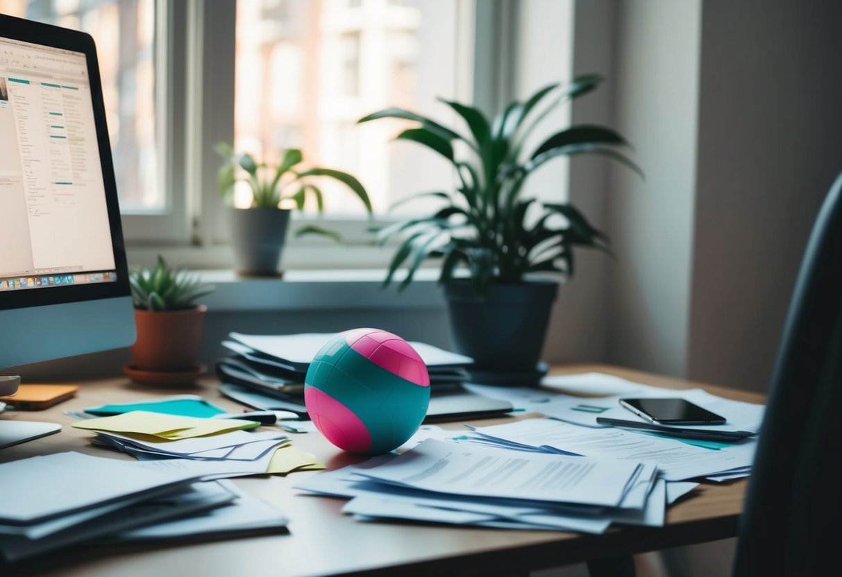 Ein unordentlicher Schreibtisch mit einem Computer, verstreuten Papieren und einem Stressball. Ein Fenster mit natürlichem Licht und einer Topfpflanze.