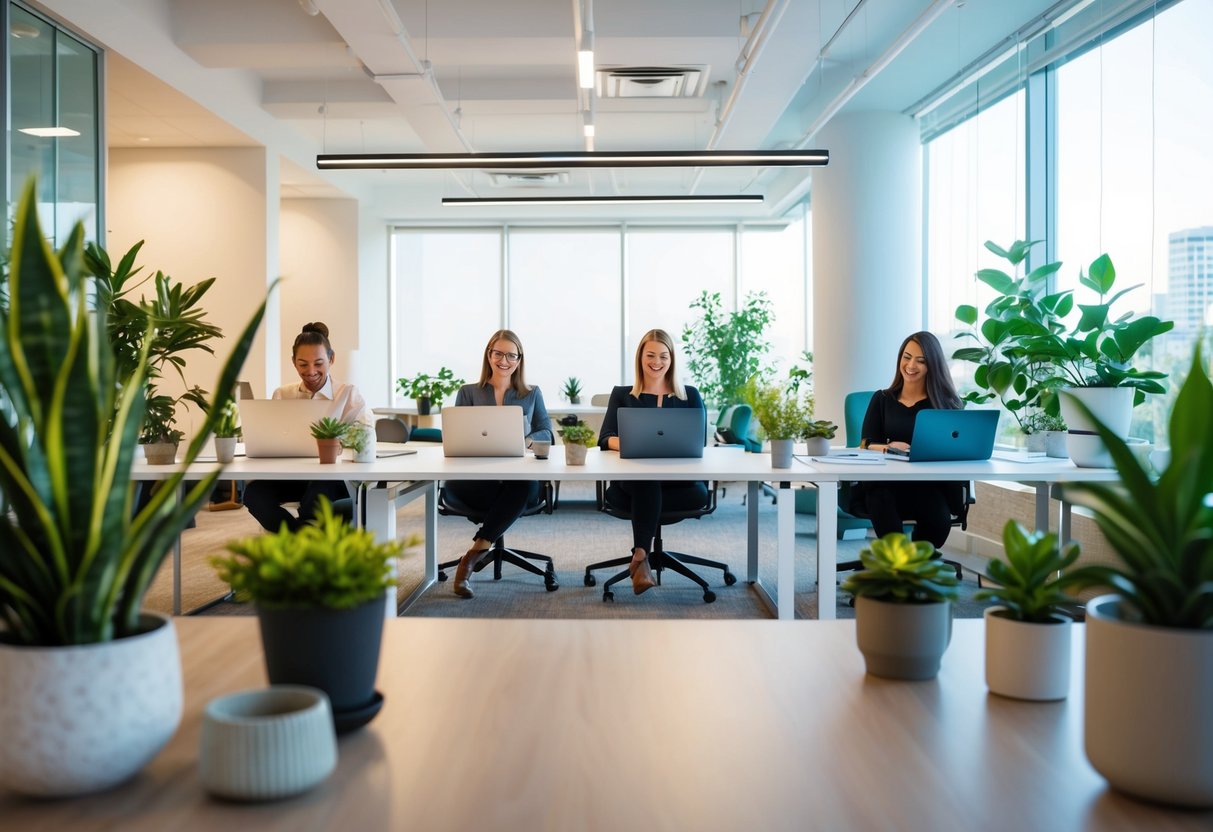 Ein ruhiges Büro mit natürlichem Licht, Pflanzen und organisierten Arbeitsplätzen. Die Mitarbeiter nehmen an Achtsamkeitsaktivitäten teil und machen regelmäßige Pausen.