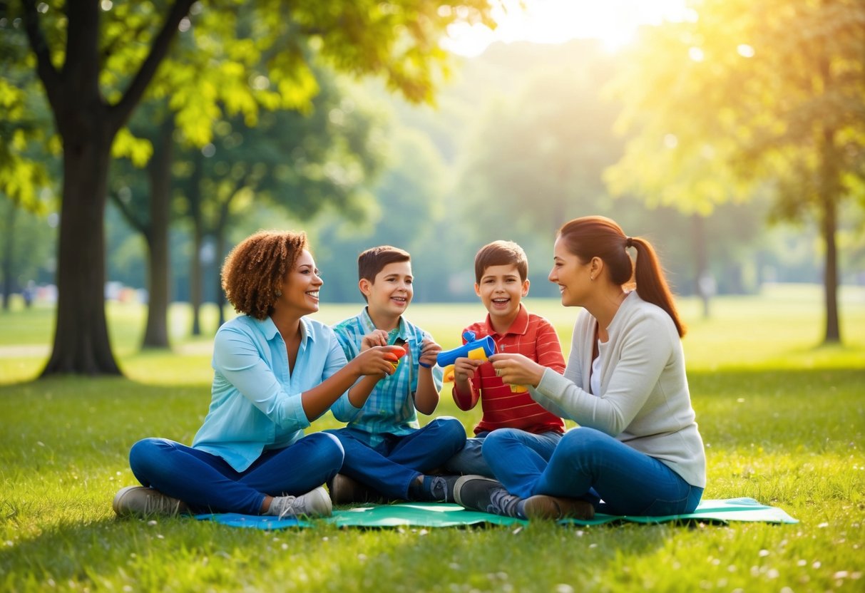 Eine Familie, die gemeinsam Aktivitäten im Freien in einer malerischen Parkumgebung genießt.