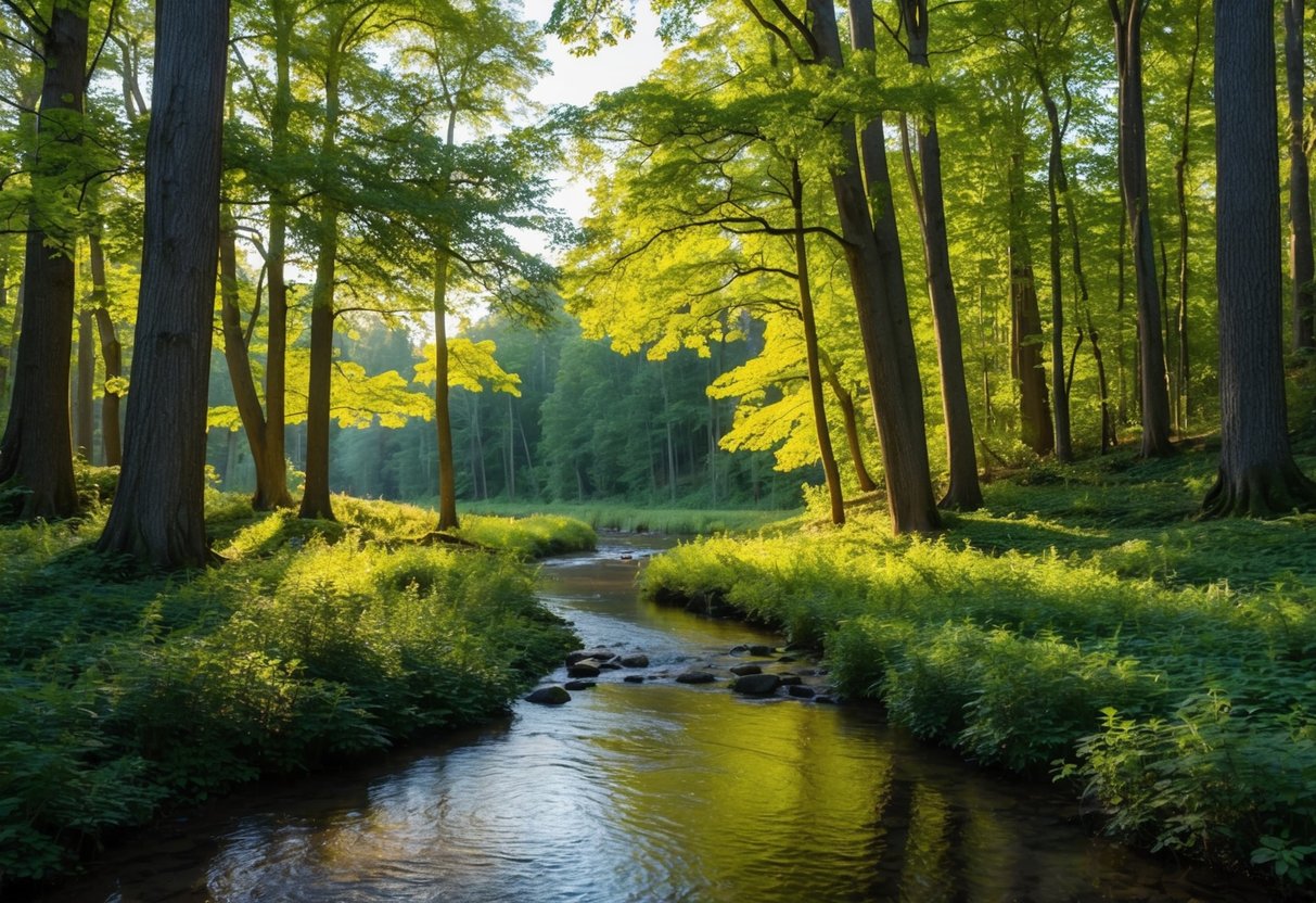 Eine ruhige Waldlichtung mit einem friedlichen Bach, umgeben von hohen Bäumen und lebhaftem Laub. Das Sonnenlicht filtert durch die Blätter und schafft eine friedliche und einladende Atmosphäre.