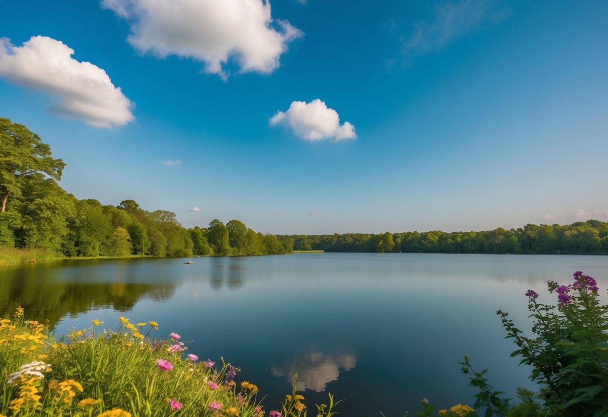 Eine friedliche Landschaft mit einem ruhigen See, umgeben von üppigem Grün und bunten Blumen, mit einem klaren blauen Himmel und ein paar flauschigen weißen Wolken darüber.