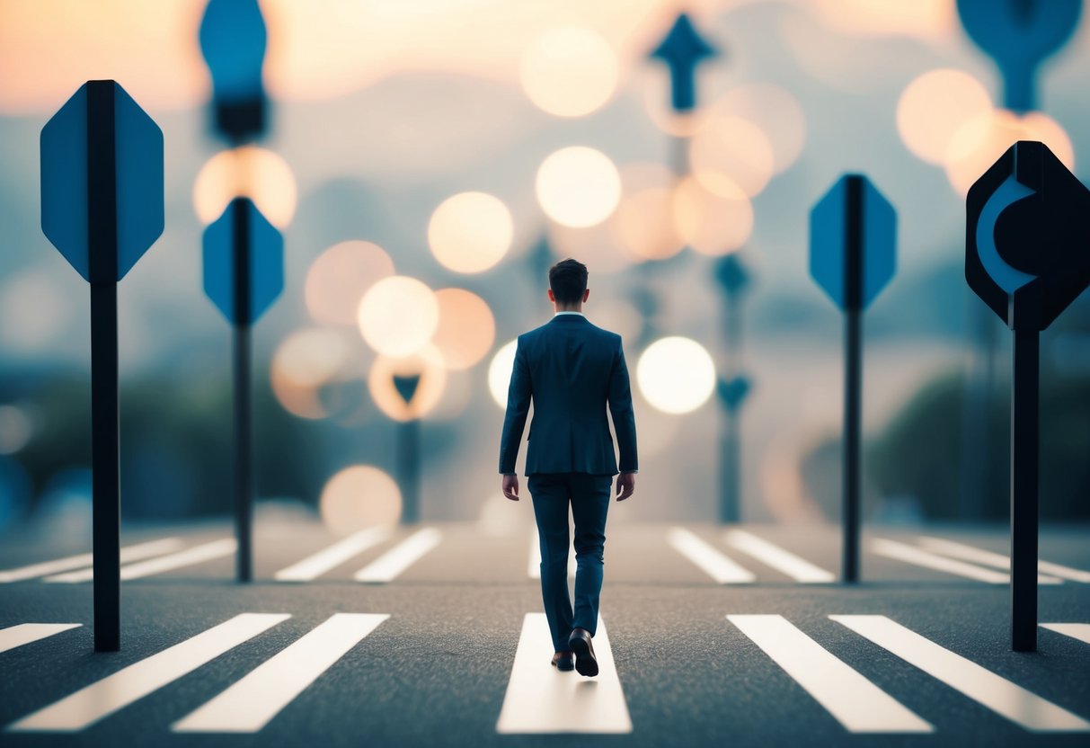 Eine Person an einem Scheideweg, mit mehreren Wegen, die in verschiedene Richtungen führen, was Karriereplanung und Entscheidungsfindung symbolisiert.