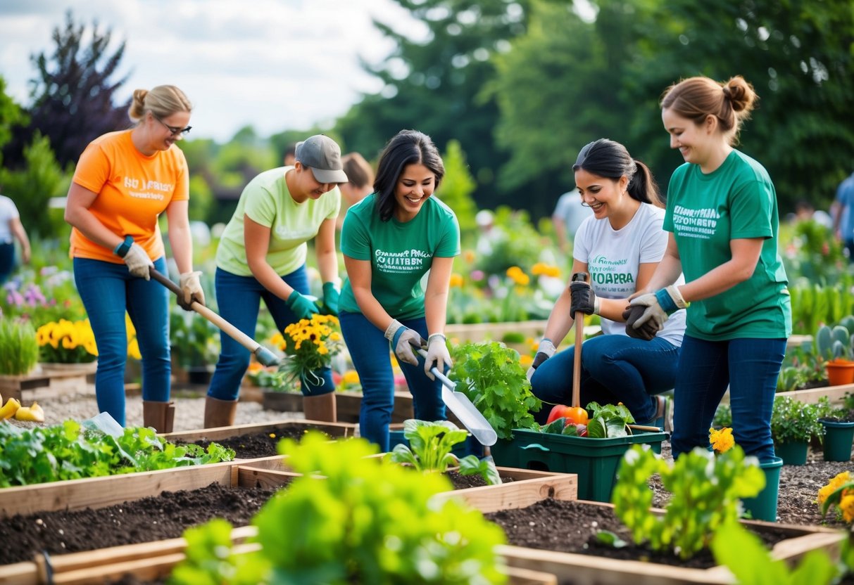 Eine Gruppe von Freiwilligen, die gemeinsam in einem Gemeinschaftsgarten arbeiten, Blumen und Gemüse pflanzen, mit verstreuten Werkzeugen und Pflanzen.