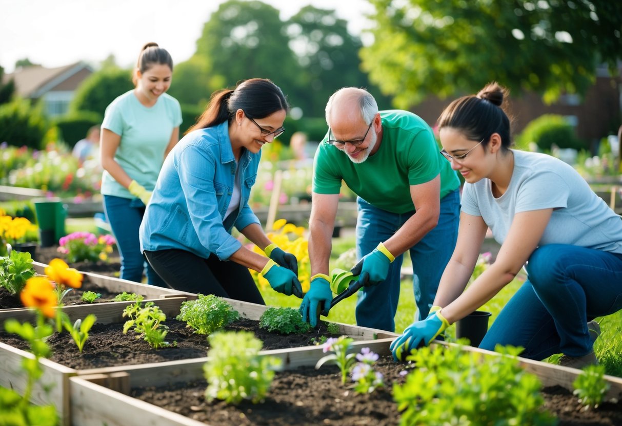 Eine Gruppe von Freiwilligen, die gemeinsam in einem Gemeinschaftsgarten arbeitet, pflanzt und pflegt die Pflanzen und Blumen.