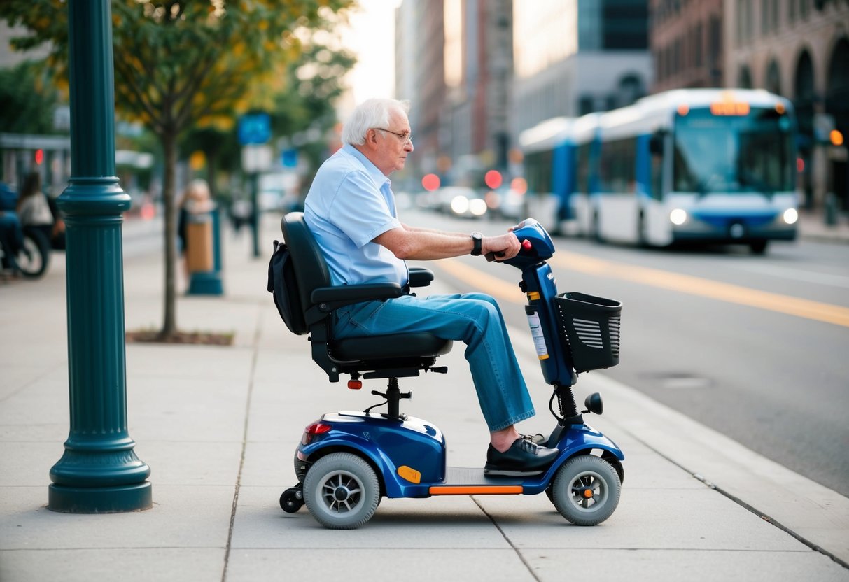 Ein Senior, der einen Elektrorollstuhl benutzt, um einen Bürgersteig in der Stadt zu befahren, vorbei an barrierefreien öffentlichen Verkehrsmitteln.