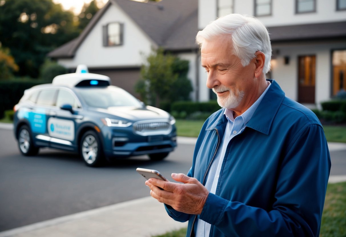 Eine ältere Person, die ein Smartphone benutzt, um einen Fahrdienst zu buchen, während ein autonomes Fahrzeug vor ihrem Zuhause wartet.