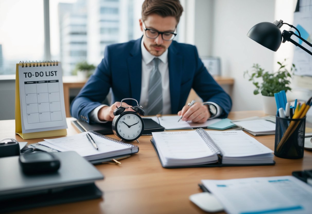 Ein unordentlicher Schreibtisch mit einem Kalender, einer Uhr, und einer To-Do-Liste. Eine Person, die multitasking mit einem Gefühl der Dringlichkeit.