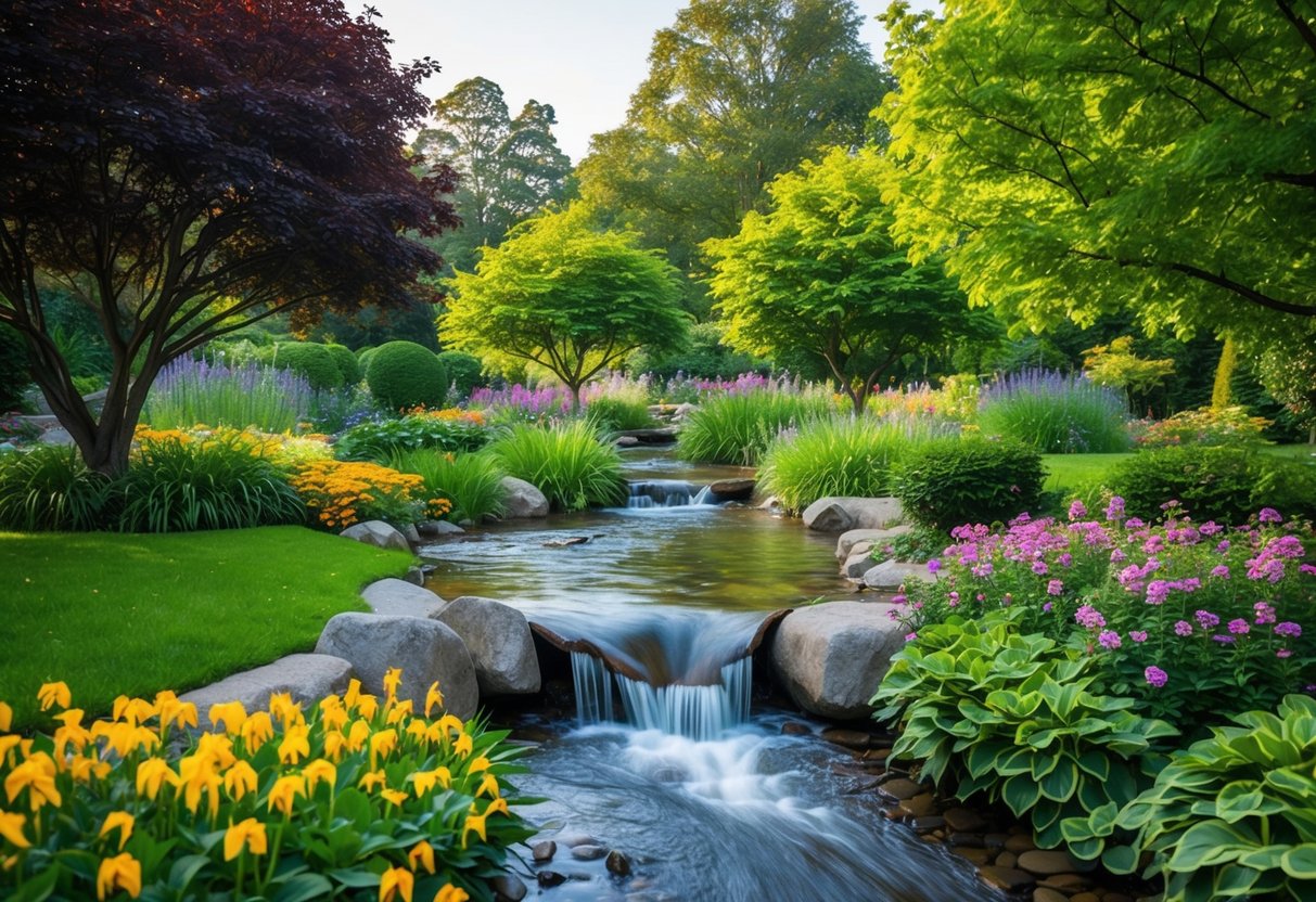 Ein friedlicher Garten mit einem fließenden Bach, umgeben von üppigen grünen Bäumen und bunten Blumen, der eine ruhige und friedliche Atmosphäre für Achtsamkeitstraining schafft.