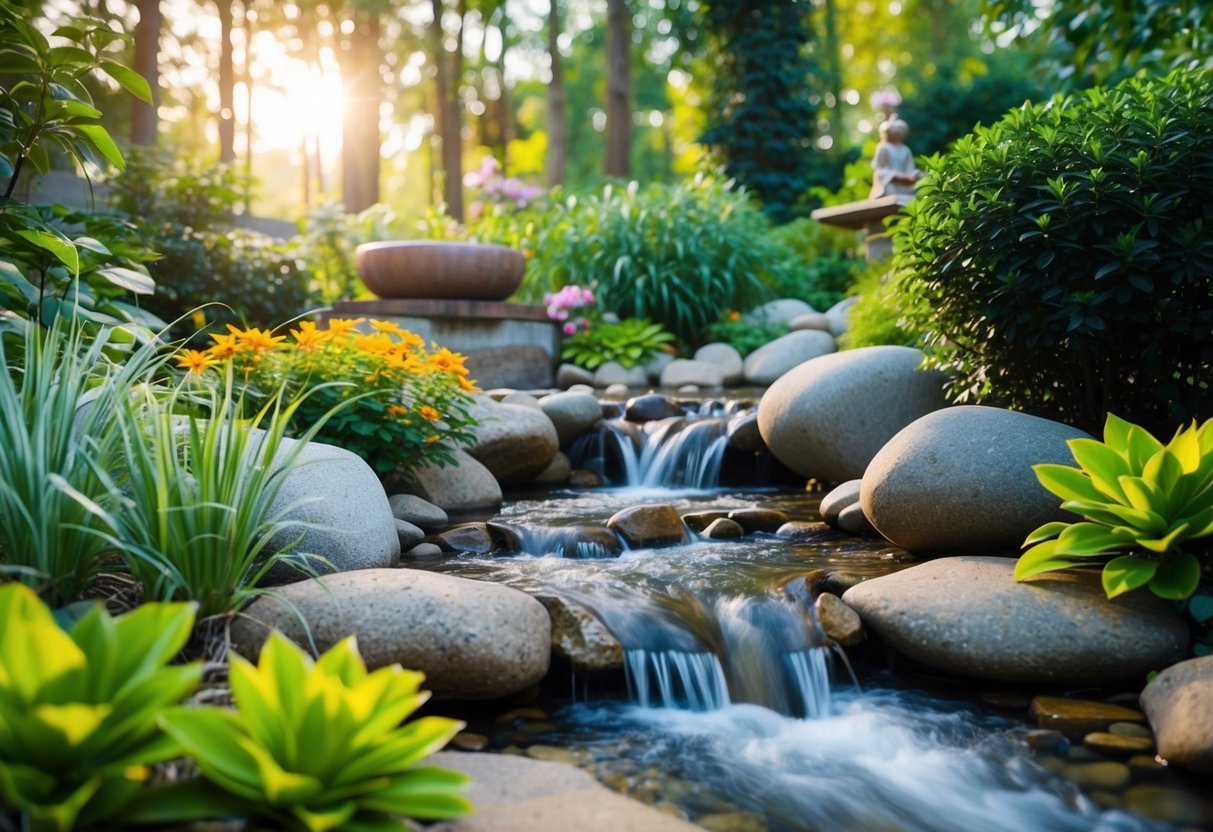 Eine ruhige Umgebung mit einem friedlichen Garten, einem fließenden Bach und einem ruhigen Meditationsraum, umgeben von der Natur.