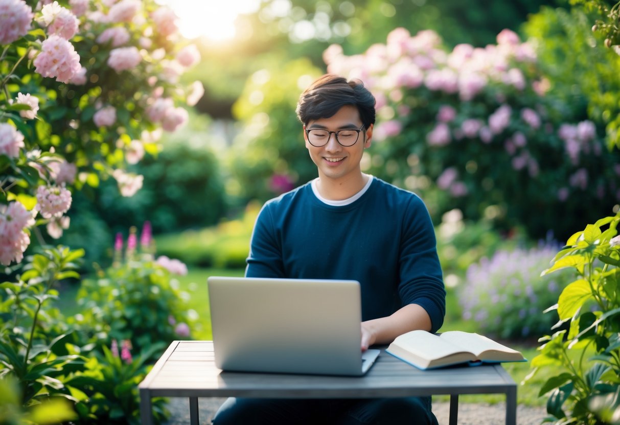 Eine Person, die in einem friedlichen Garten sitzt, umgeben von blühenden Blumen und üppigem Grün, mit einem Laptop auf einem Tisch und einem Buch in der Hand.