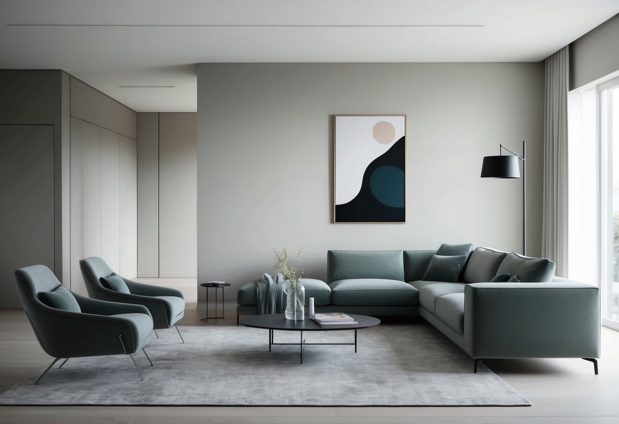 Ein elegantes, modernes Wohnzimmer mit klaren Linien, gedämpften Farben und minimaler Dekoration. Ein einzelnes Stück abstrakter Kunst hängt an der Wand und schafft ein Gefühl von Ruhe und Einfachkeit.