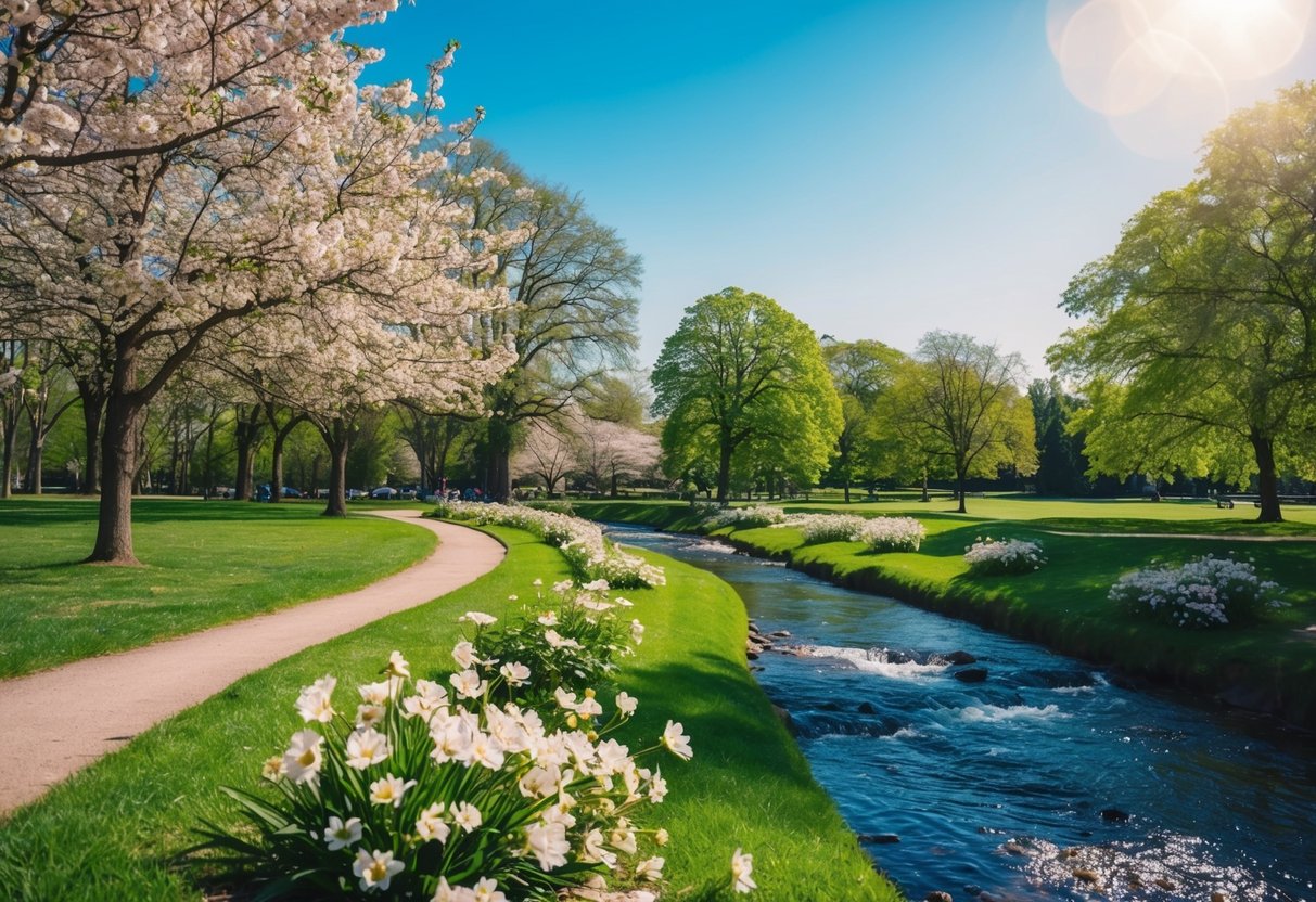 Ein ruhiger Park mit blühenden Blumen, einem fließenden Bach und einem klaren blauen Himmel, der ein Gefühl von Frieden und Ruhe hervorruft.