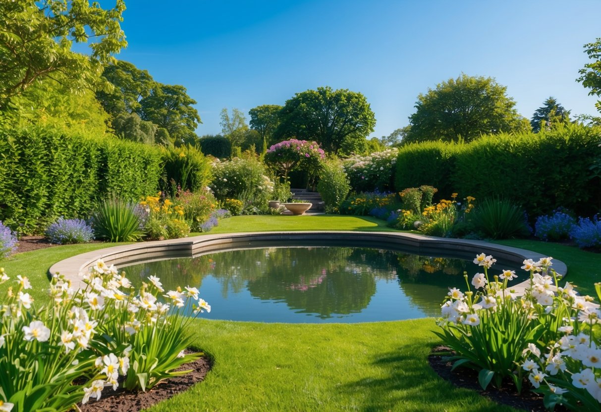 Ein friedlicher Garten mit blühenden Blumen und einem ruhigen Teich, umgeben von üppigem Grün und klarem blauen Himmel