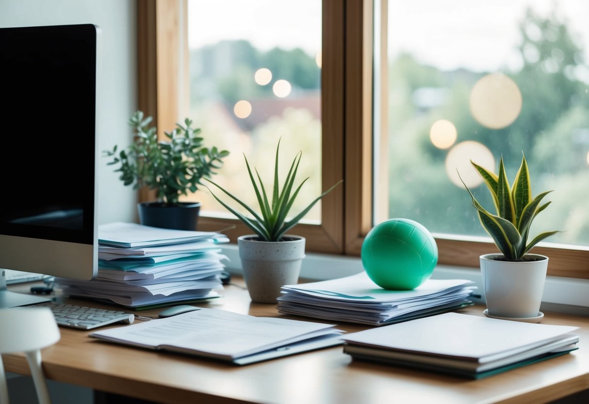 Ein überfüllter Schreibtisch mit einem Computer, einem Stapel Papiere, einer Pflanze und einem Stressball. Ein Fenster mit natürlichem Licht und einer beruhigenden Aussicht.