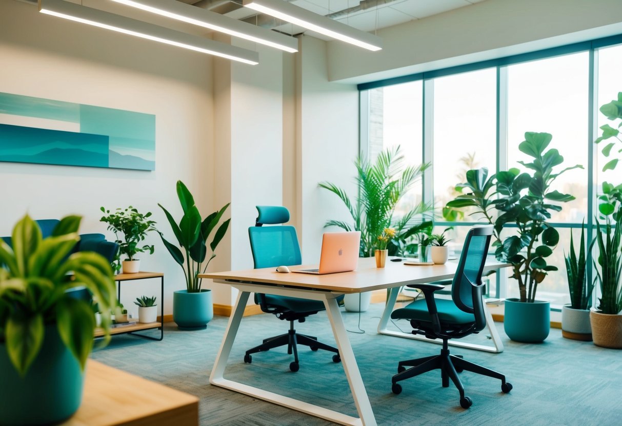 Ein friedliches Büro mit Pflanzen, natürlichem Licht und beruhigenden Farben. Ein gut organisiertes Arbeitsumfeld mit ergonomischen Möbeln und einem Entspannungsbereich.