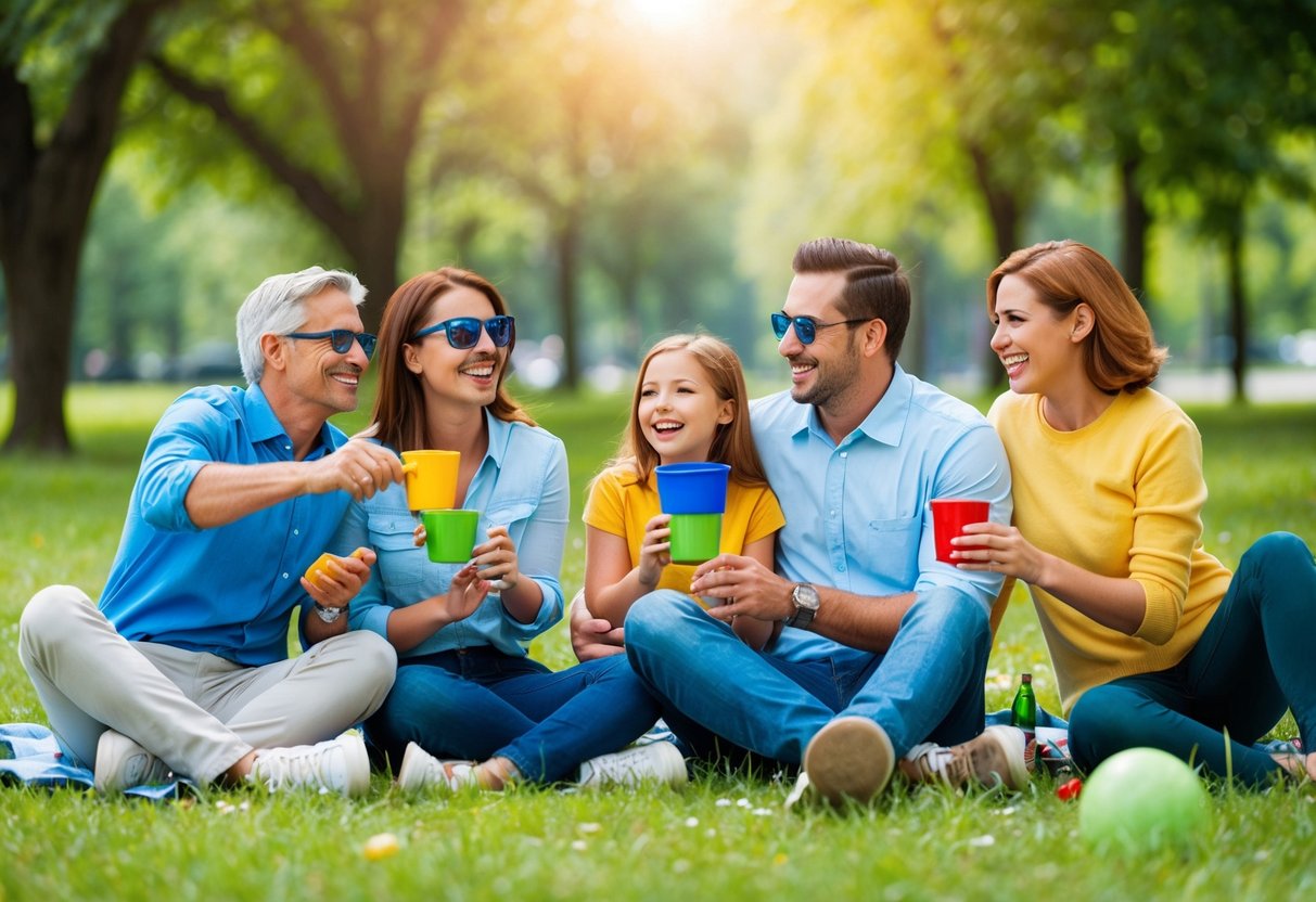 Eine Familie, die gemeinsam im Freien Aktivitäten im Park genießt, umgeben von Natur und an verschiedenen Freizeit- und Bindungsaktivitäten teilnimmt.