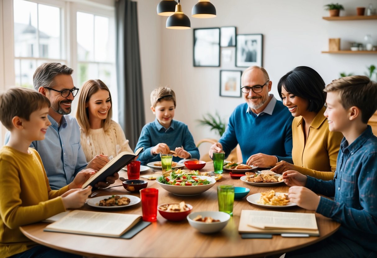 Eine Familie sitzt um einen Tisch, beschäftigt mit verschiedenen Aktivitäten wie Lesen, Spielen und gemeinsamen Mahlzeiten, und schafft eine warme und einladende Atmosphäre.