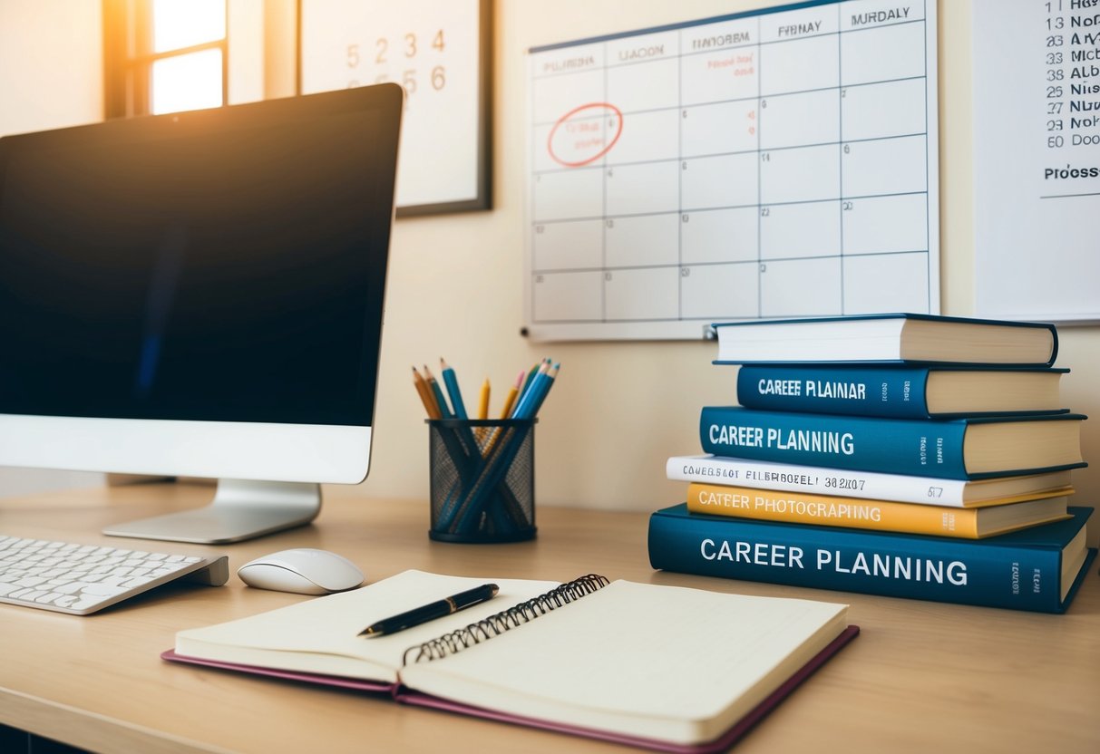 Ein Schreibtisch mit einem Computer, Notizbuch und Stift. Ein Kalender an der Wand mit markierten Daten. Ein Stapel Bücher zur Karriereplanung.