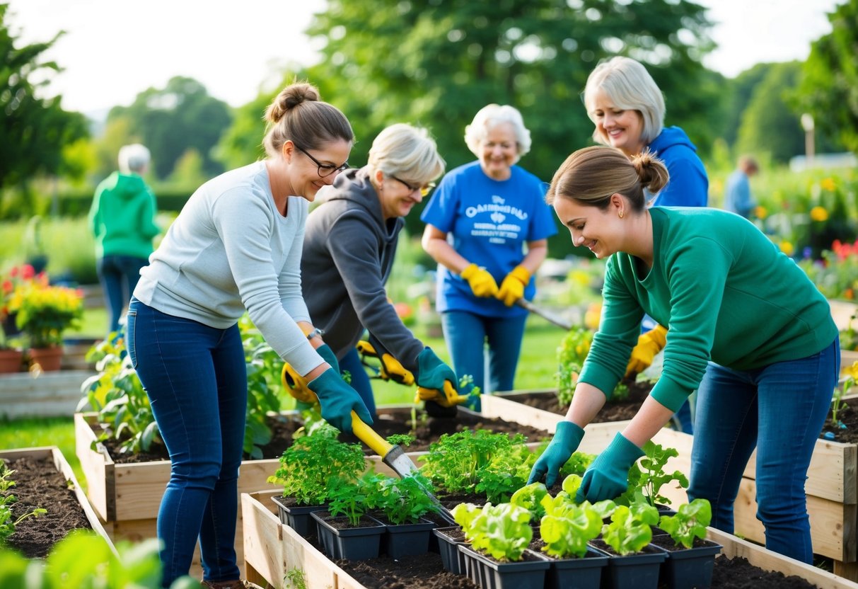 Eine Gruppe von Freiwilligen, die gemeinsam in einem Gemeinschaftsgarten arbeiten, pflanzen und kümmern sich mit Sorgfalt und Begeisterung um die Pflanzen.