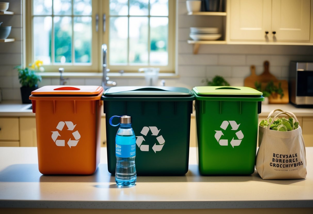 Eine Küche mit separaten Behältern für Recycling, Kompost und Restmüll, mit einer wiederverwendbaren Wasserflasche und Stoffeinkaufsbeuteln auf der Arbeitsplatte.