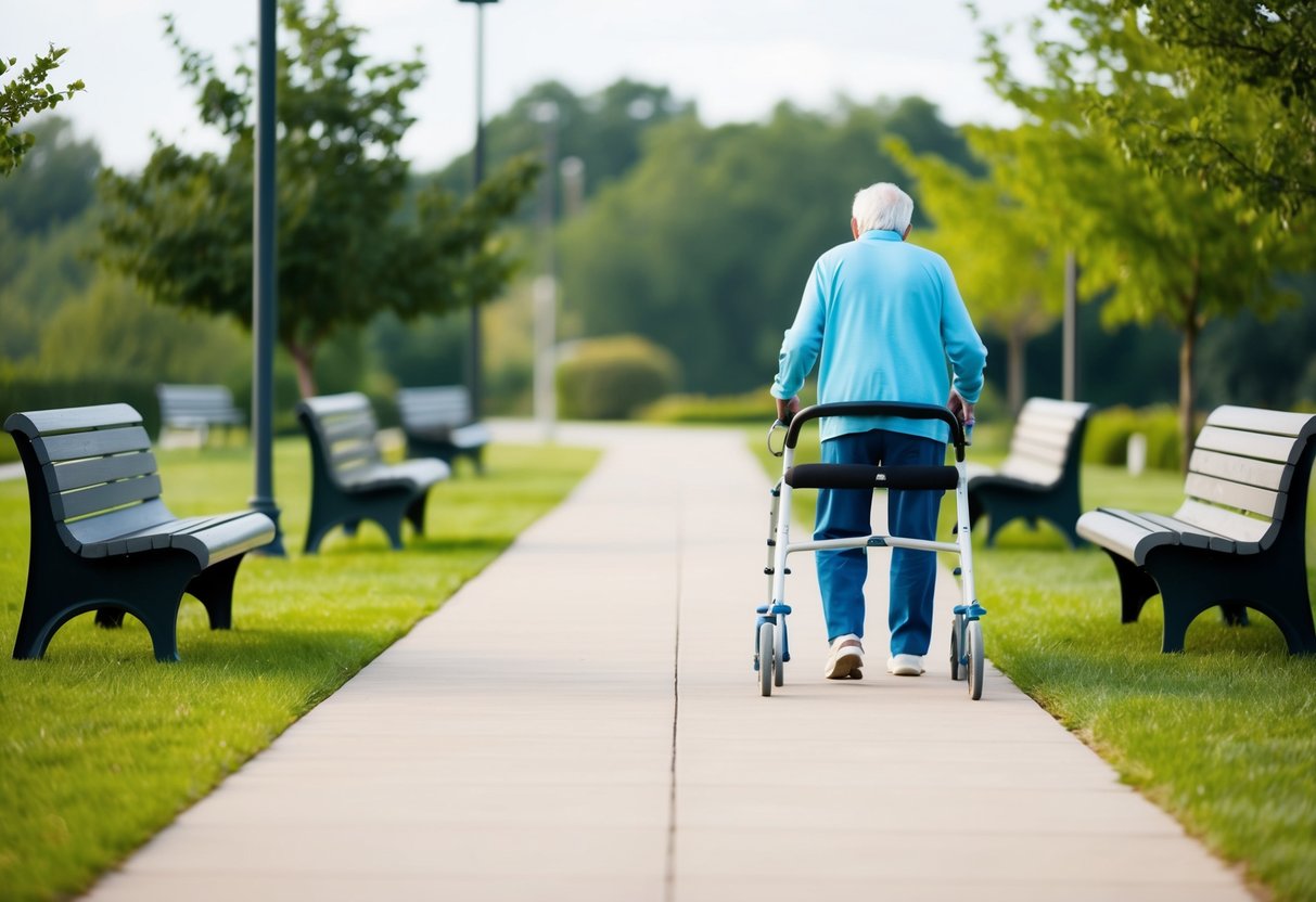 Ein Senior, der mit einem Gehwagen einen breiten, barrierefreien Weg mit Bänken und Grünflächen nutzt.