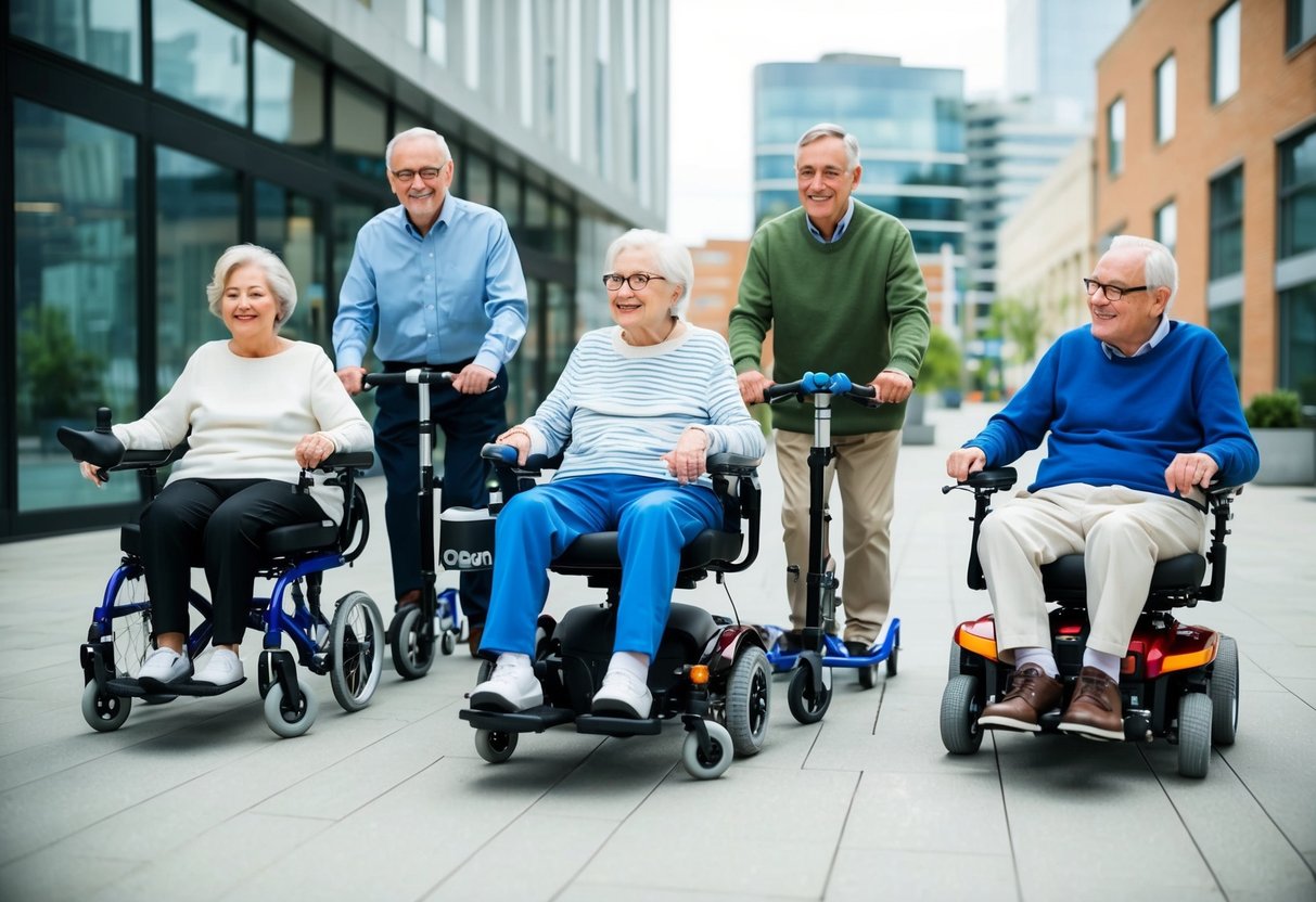 Eine Gruppe älterer Menschen, die verschiedene Mobilitätshilfen und innovative Transportlösungen in einer modernen städtischen Umgebung nutzen.